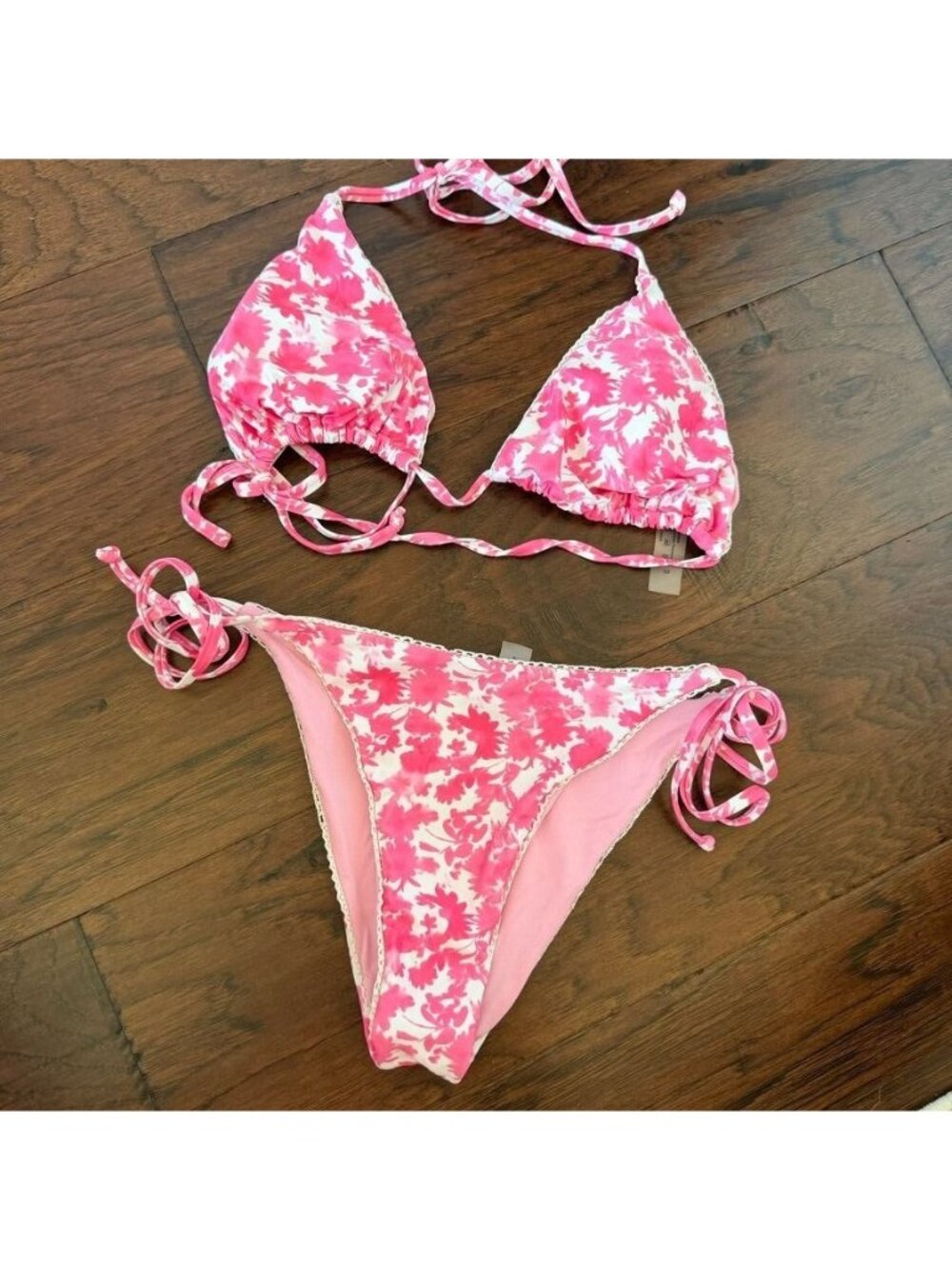 Pink White Floral Lace Trim Bikini Size Small